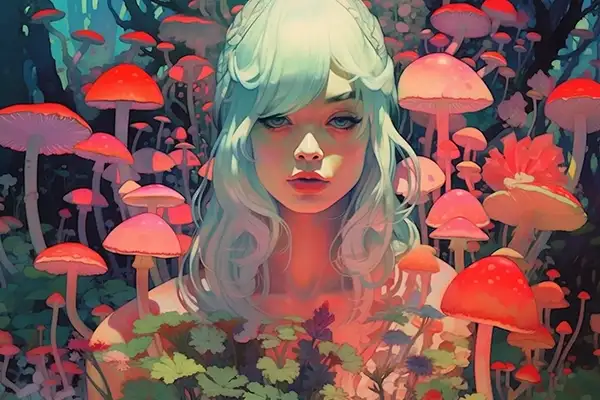 Portrait of a serene woman with pale blue hair surrounded by glowing mushrooms and lush forest plants; surreal, dreamlike atmosphere with vibrant pink and red tones. Painting by Shaun Spence