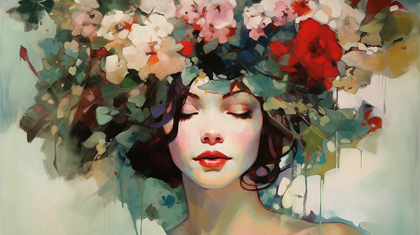 A dreamy portrait of a woman with closed eyes, wearing a vibrant crown of flowers in rich summer tones of red, pink, and white; expressive brushwork and soft drips add a painterly, ethereal feel. Painting by Shaun Spence.