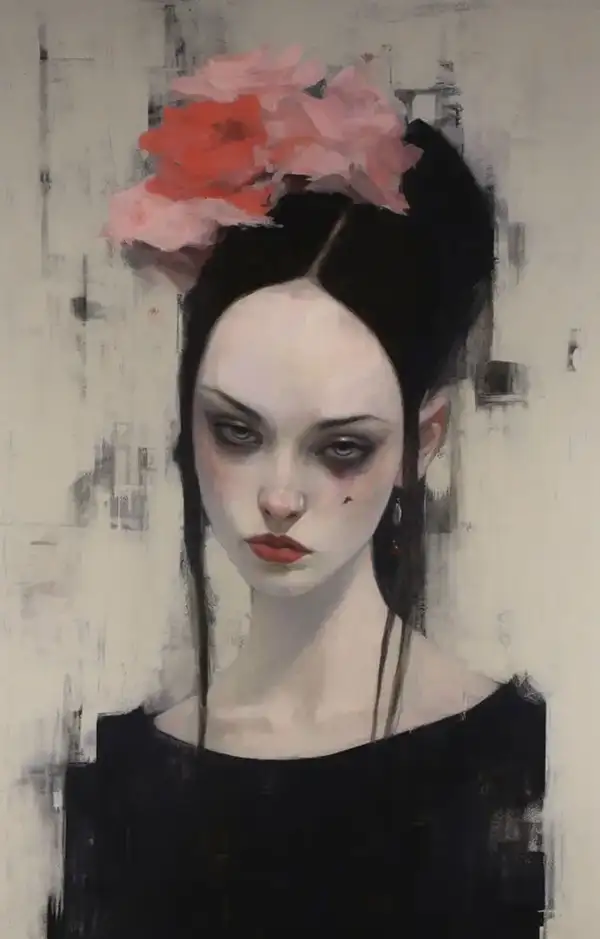 Portrait of a pale, dark-eyed woman with a somber expression, wearing a black dress and crowned with oversized pink and coral flowers; moody tones and painterly textures evoke gothic elegance and emotional weight. Painting by Shaun Spence.