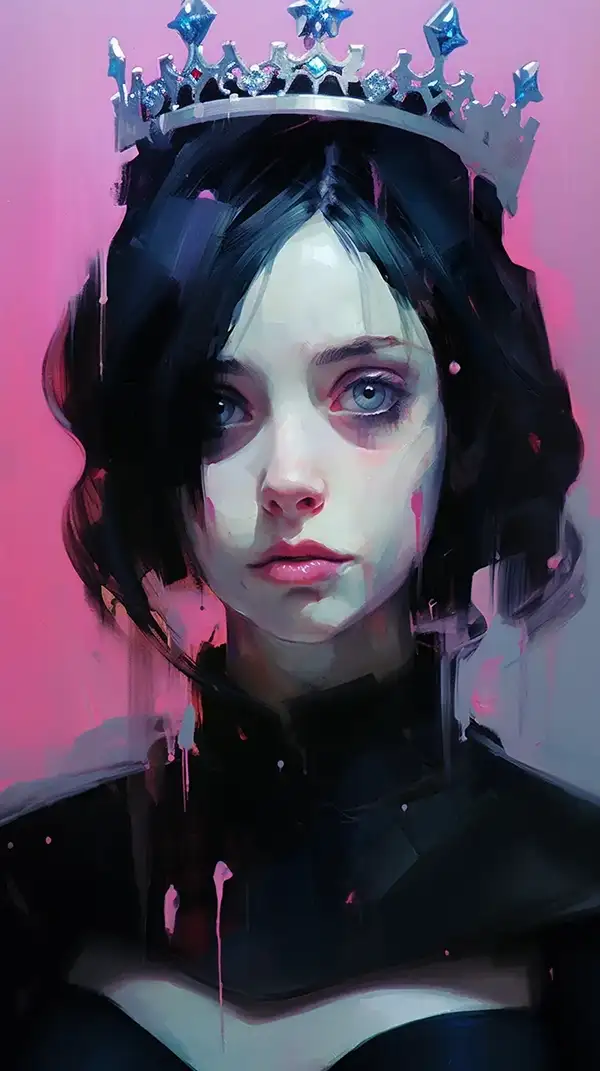 A striking portrait of a young woman with pale skin, piercing blue eyes, and short dark hair, wearing a silver crown against a vibrant pink background; loose, painterly strokes create a sense of emotional intensity and quiet power. Painting by Shaun Spence.